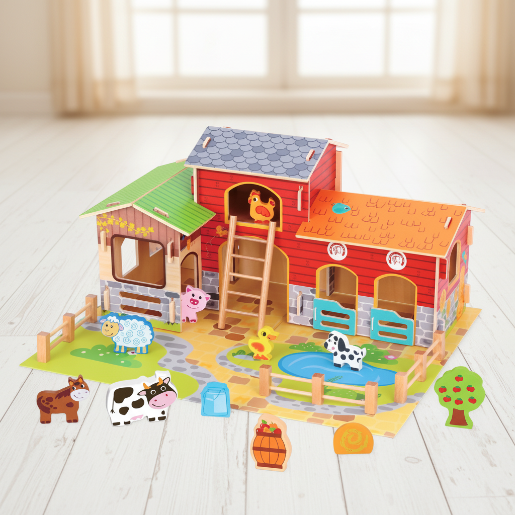 Houten Boerderijset XXL lifestyle foto met rode schuur en dierenfiguren
