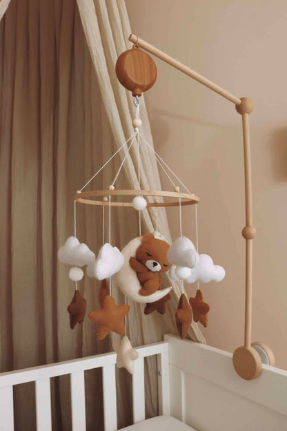 Wooden baby mobile arm fixed