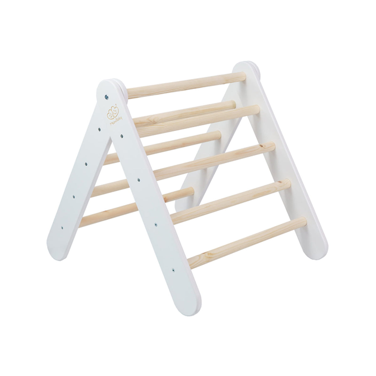 Wit ladderhuisje met blauwgrijze tent