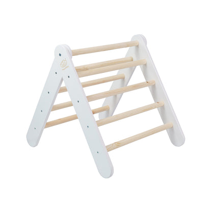 Wit ladderhuisje met blauwgrijze tent