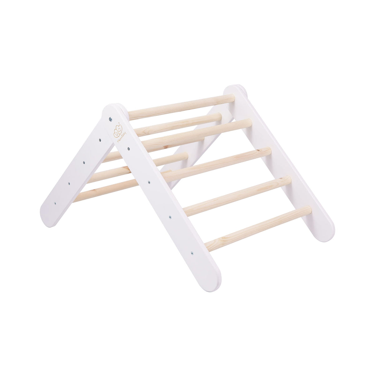 Wit ladderhuisje met blauwgrijze tent