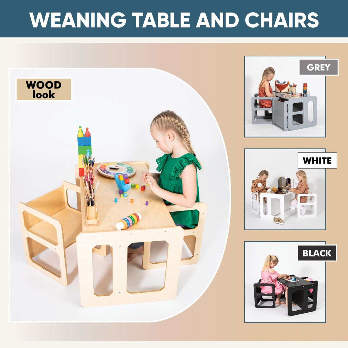 Montessori tafel- en stoelenset met 2 stoelen