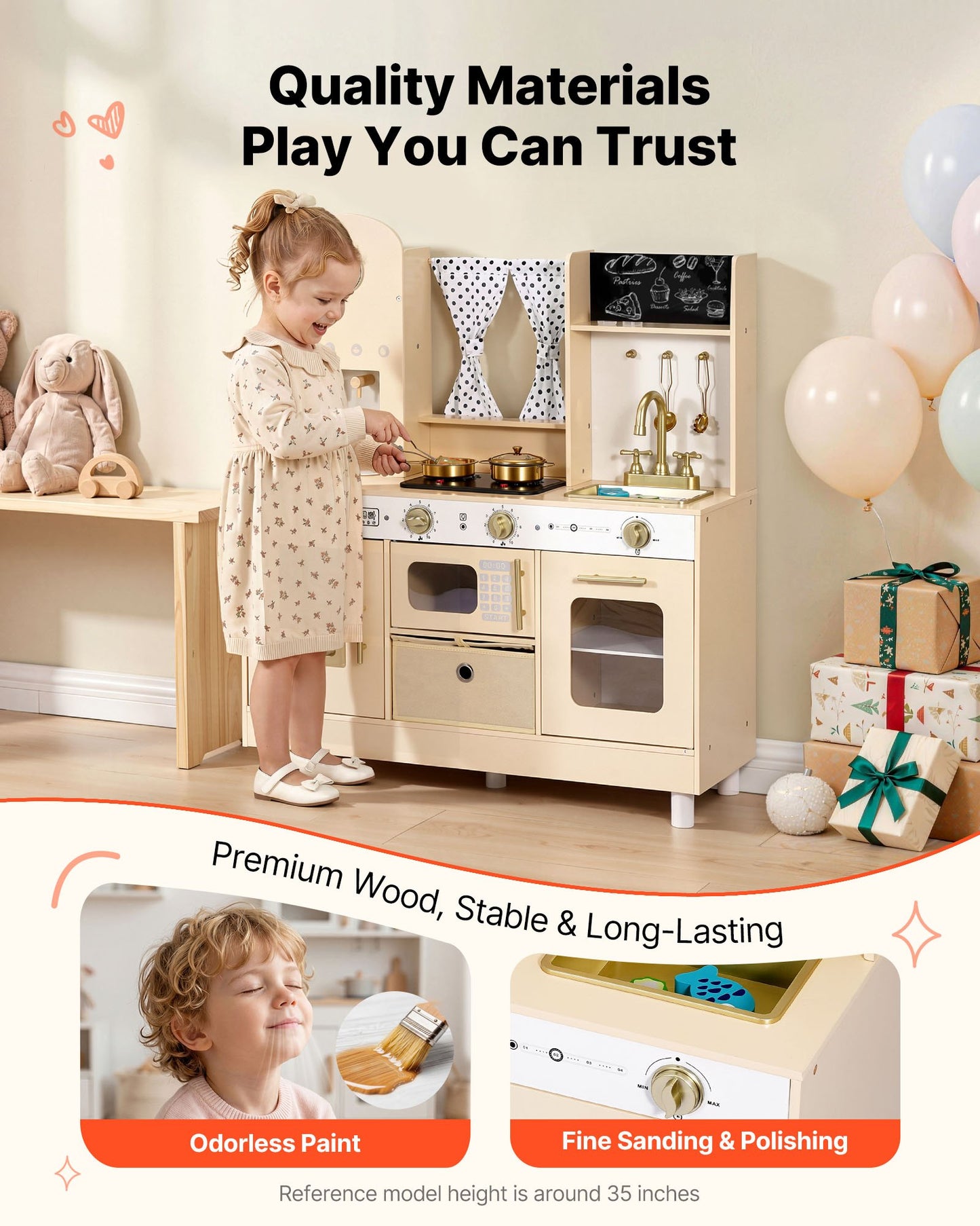 Play Kitchen for Kids, Wooden, Kids Kitchen Playset with Realistic
