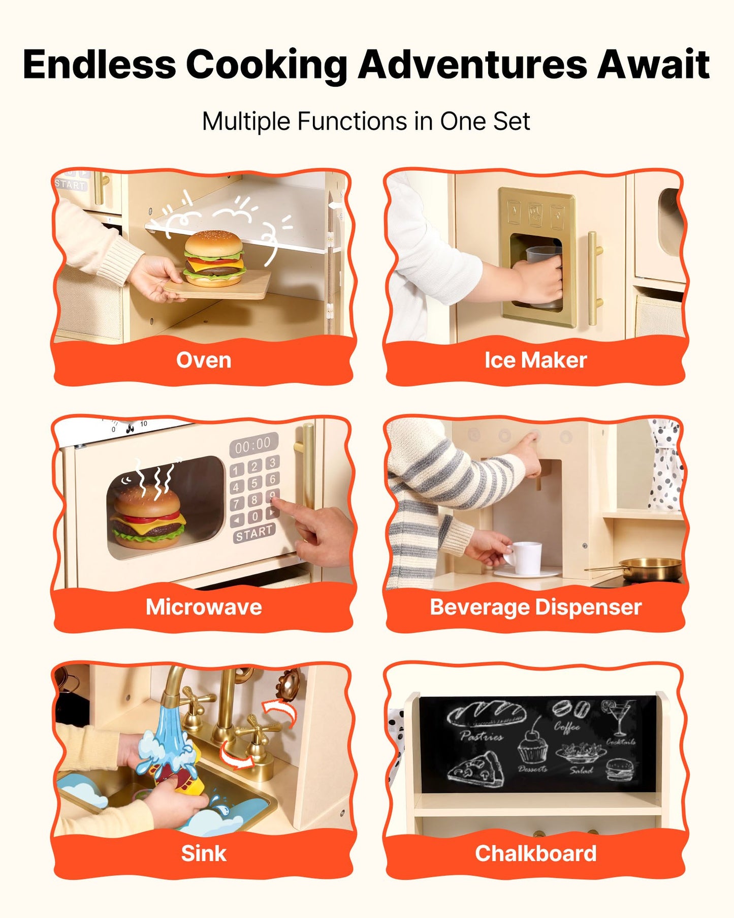 Play Kitchen for Kids, Wooden, Kids Kitchen Playset with Realistic