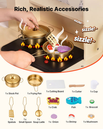 Play Kitchen for Kids, Wooden, Kids Kitchen Playset with Realistic