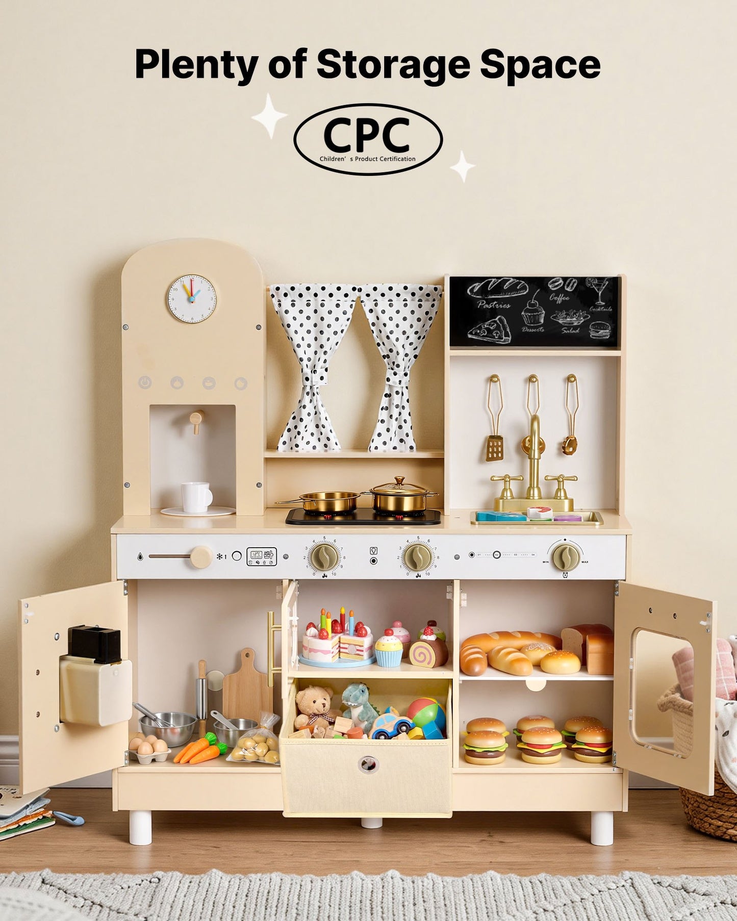 Play Kitchen for Kids, Wooden, Kids Kitchen Playset with Realistic